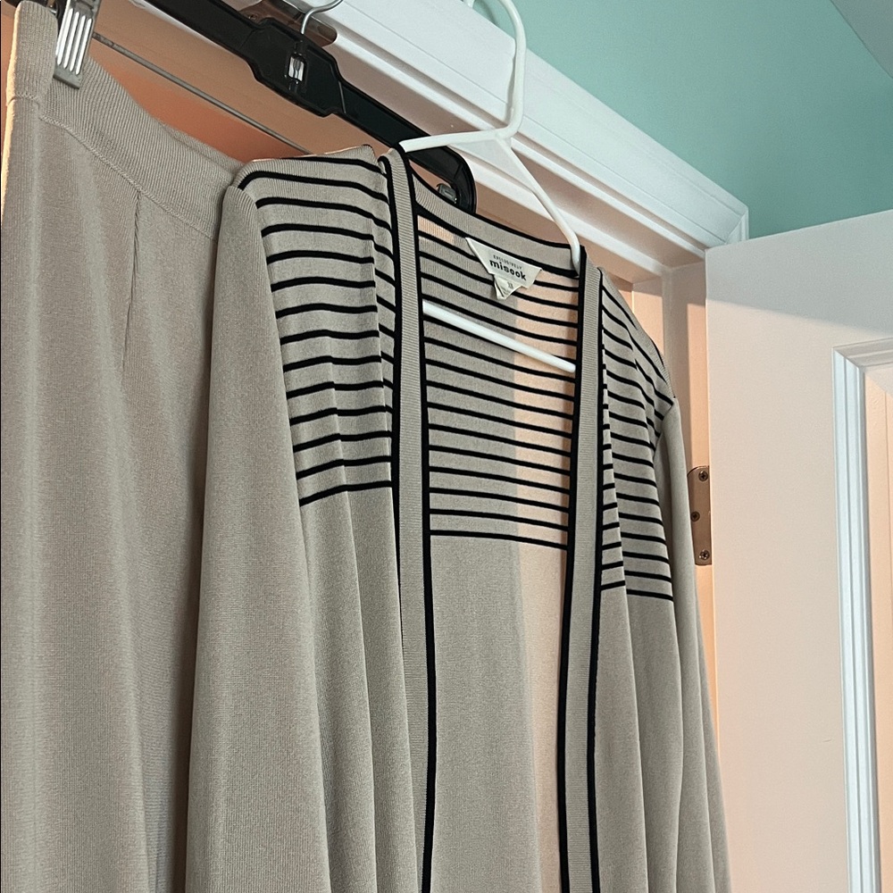 Chic Misook Beige and Black Striped Cardigan with Slacks